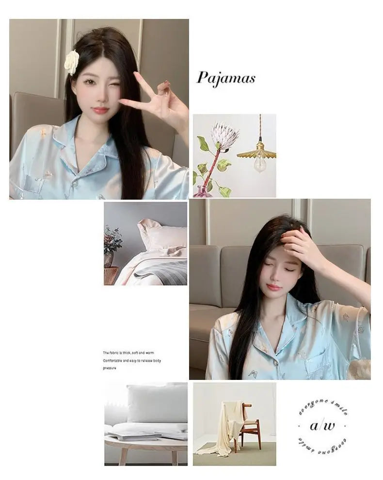 Women's padded pajamas spring and summer three-piece silk home clothes can be worn outside