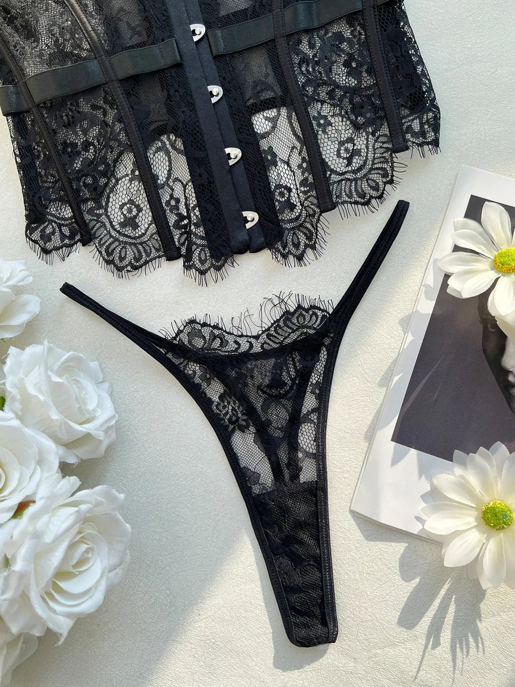 Toucheart Erotic Bodysuit French Retro Black Lace Jumpsuit Women's Sexy Delicate Intimate Seductive Backless Fishbone Shapewear