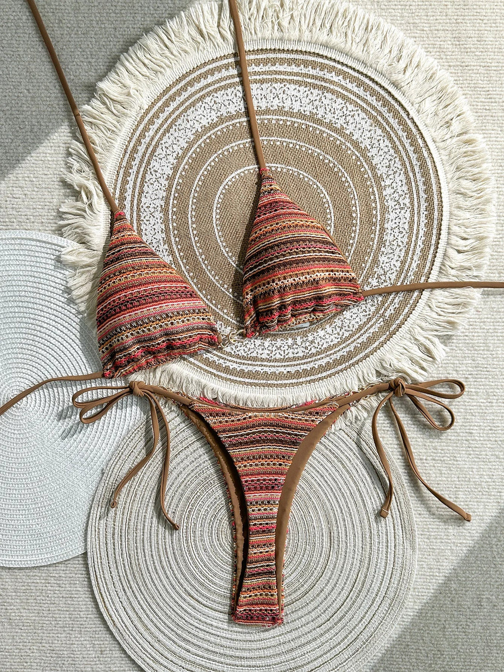 Sexy Coffee Striped Micro Bikini Set 2026 Women Halter Push Up Bra Bandage Thong Swimsuit Summer Bathing Suit Holiday Swimwear