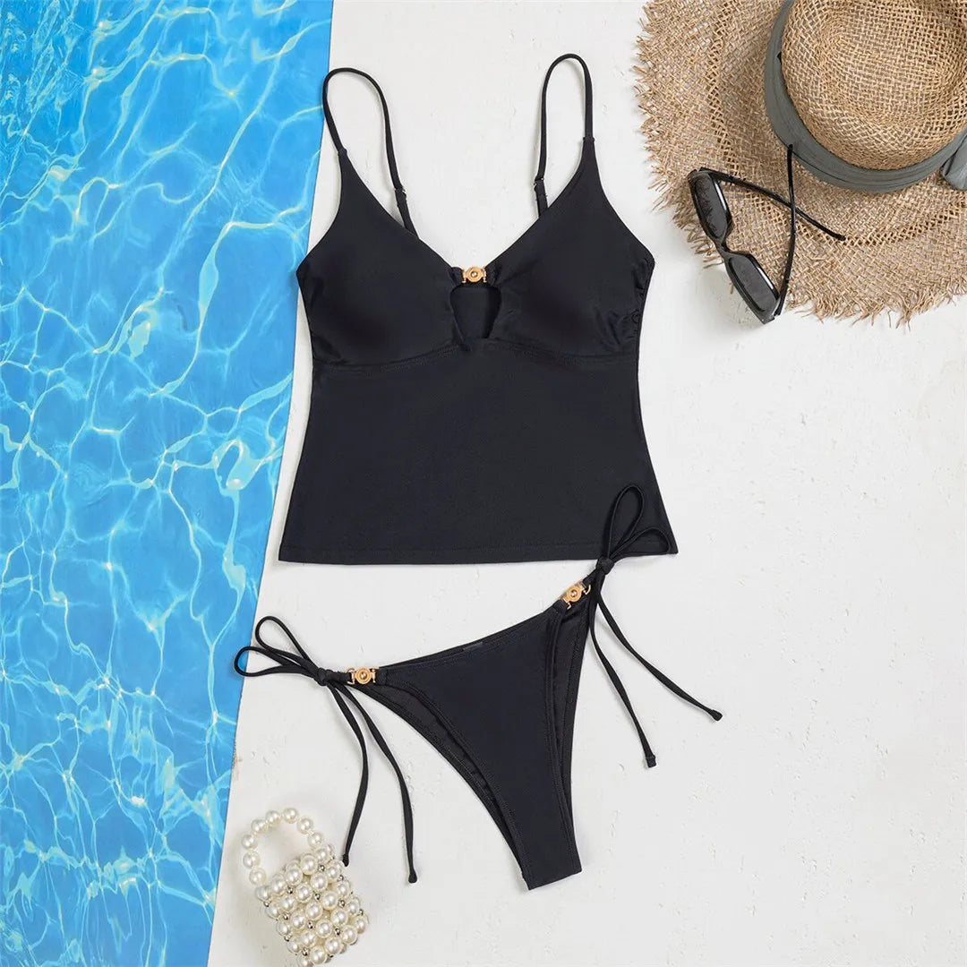 XS - L V Neck Tankini Cut Out Bikini Women Swimwear Female Swimsuit Two-pieces Bikini set Padded Bather Bathing Suit Swim V7839