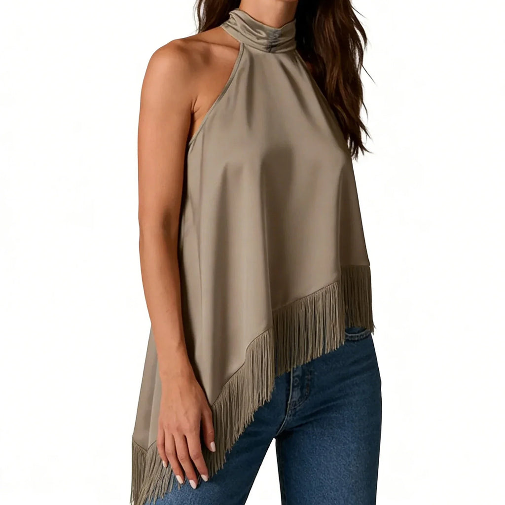 Women's Summer Solid Color Satin Halter Mock Neck Tops Sleeveless Tassel Hem Loose Fit Tank Tops