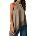 Women's Summer Solid Color Satin Halter Mock Neck Tops Sleeveless Tassel Hem Loose Fit Tank Tops