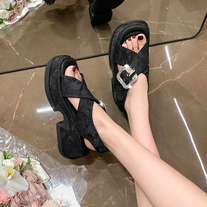 Fashion Crystal Buckle Platform Sandals Women Pink Embroidery Thick Heels Sandalias Mujer Comfortable Heightened Rome Sandals