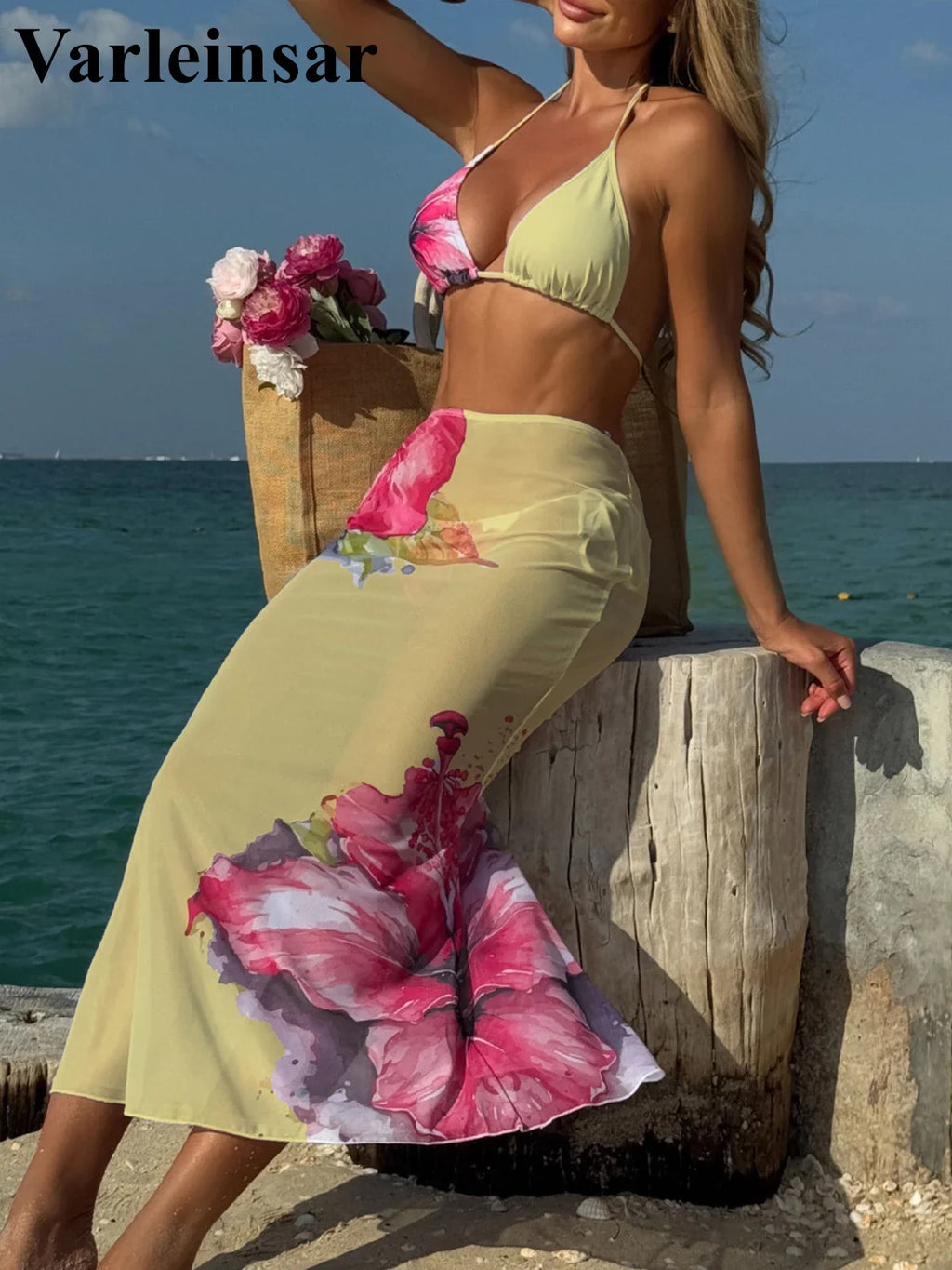 10 Color Flowers Halter Bikini Female Swimsuit Women Swimwear Three-pieces Bikini set With Skirt Bather Bathing Suit Swim V6637C