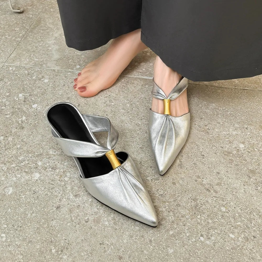 2026 Summer New Brand Women Slipper Fashion Pointed Toe Slip On Slides Low Heel Ladies Elegant Mules Sandals Top quality  Gold