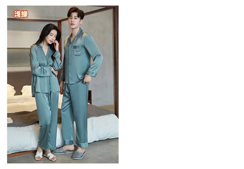 Spring and summer ice silk pajamas sexy lace long-sleeved cardigan home wear set