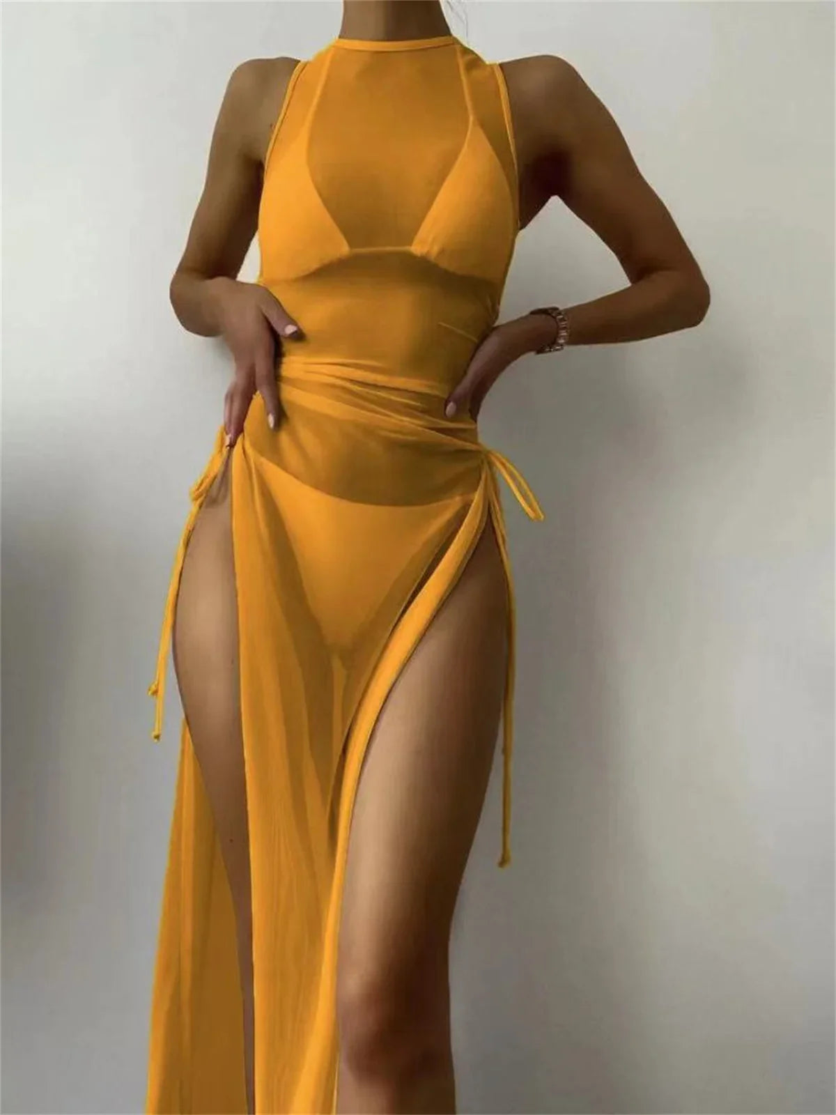 Sexy Sleeveless Mesh Bikini Cover Up Green White Dress 3 Piece Swimsuit Beach See Through Beach Bathing Suit Thong Swimwear 2024