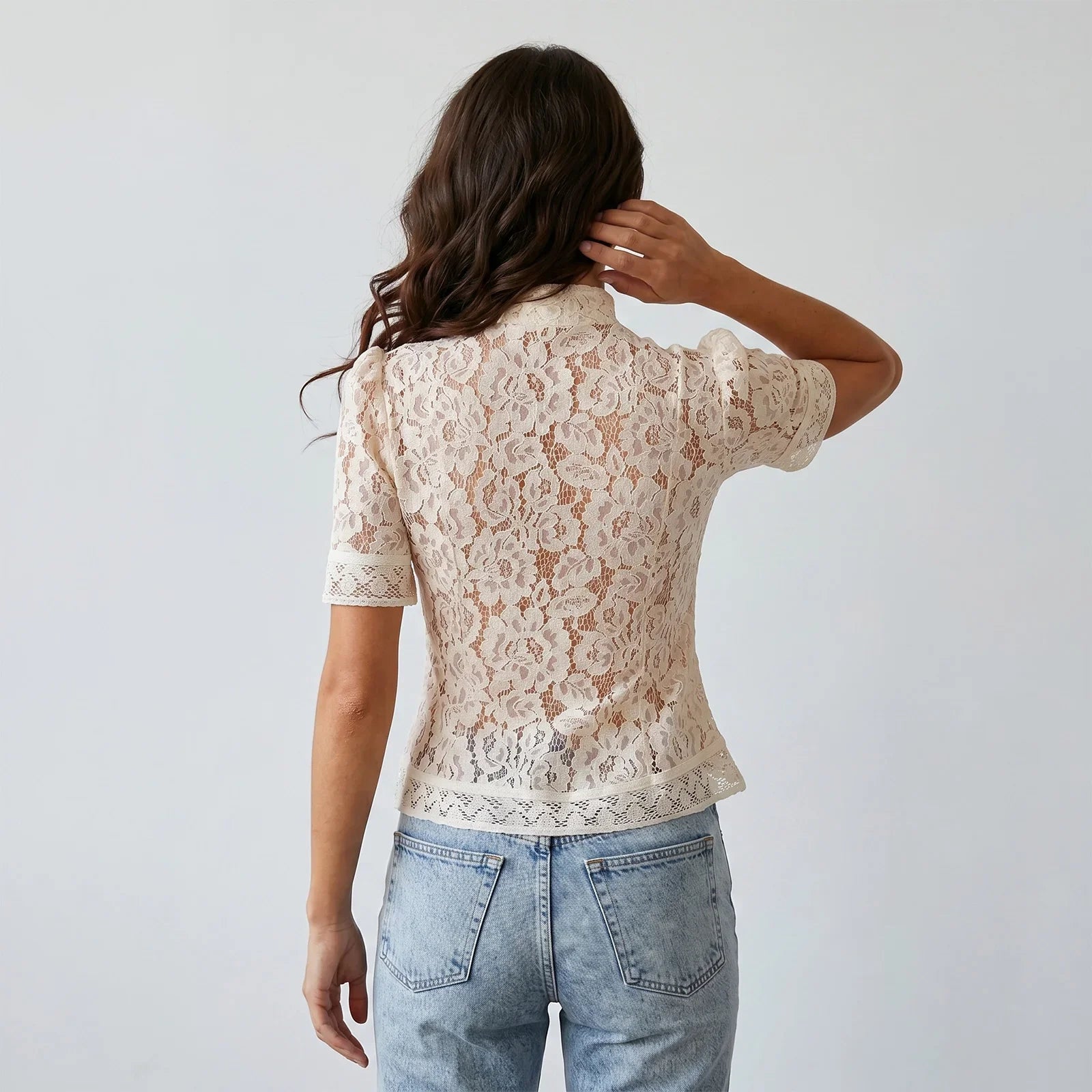 Summer Women's Retro Shirts Sheer Lace Blouse Elegant Stylish Button Down Short Sleeve Tops Casual Sexy