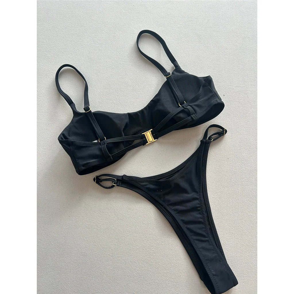 Metal Ring Mini Micro Thong Bikini Women Swimwear Female Swimsuit Two-Pieces Bikini Set Padded Bather Bathing Suit Swim V7513