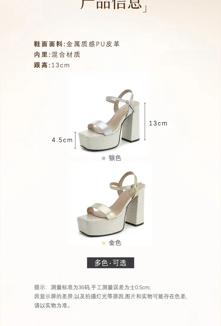 Silver Women Sandals Square Toe 12.5cm High Heel 4.5cm Platform Buckle Strap Large Size 43 44 45 46 Sexy Dating Shoes