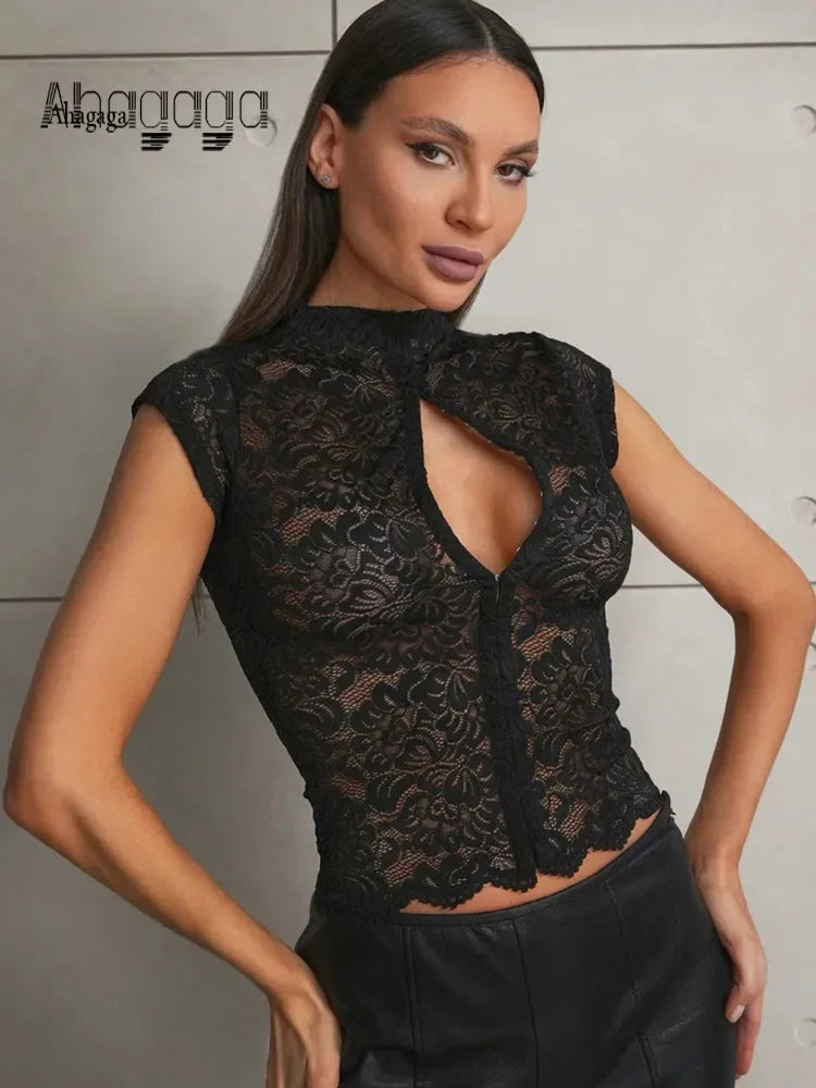 Ahagaga Summer Chic Lace Patchwork Tops Tees Sexy Sleeveless High Neck Hollow Out Slim Regular Elegant Club T-Shirt for Ladies