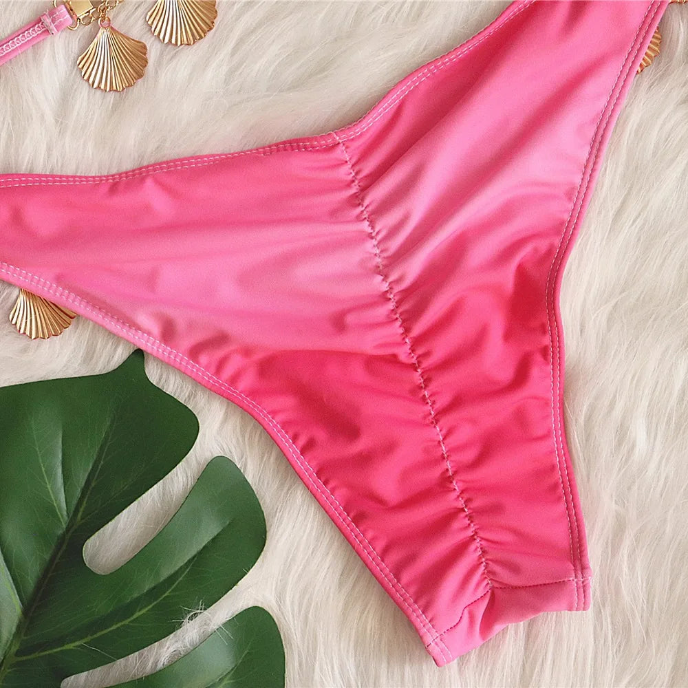 DEKA Shell Bikinis Swimsuit with Rhinestones Criss Cross Bikini Set Women Pink Push Up Bathing Suit Diamond Thong Swimwear
