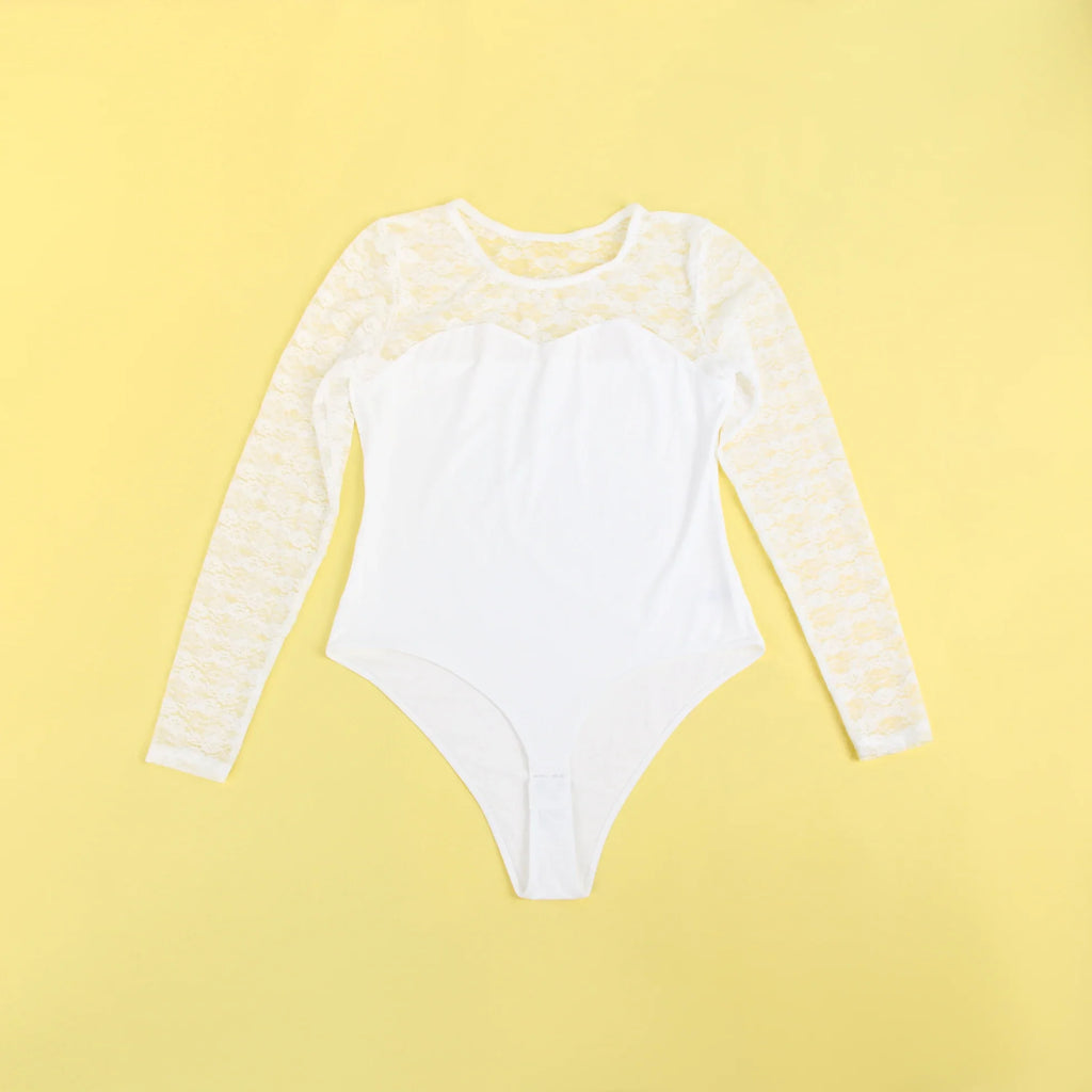 White Lace Teddy Open Crotch Bodysuit Push Up Sexy Swimsuit Material Women Long Sleeve Transparent Sheer Lingerie