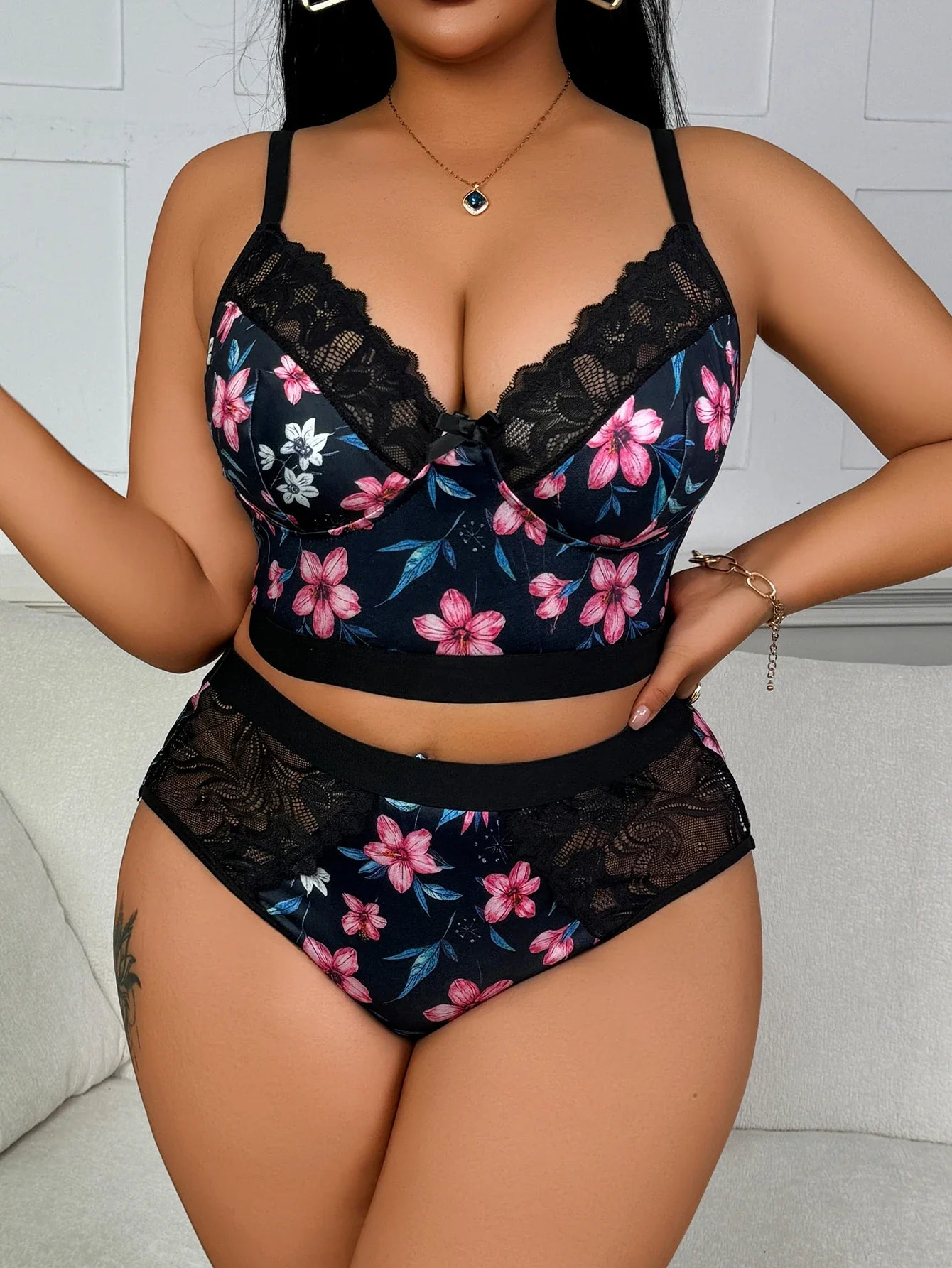 Lace Floral Print Lingerie Set Sexy Wireless Bra Plus Size Push-Up Thin Breathable Seamless Adjustable