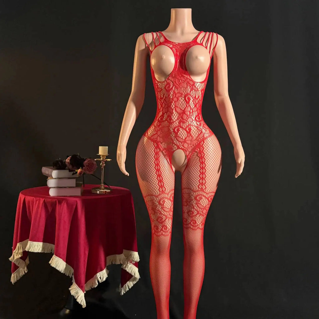 Sexy Bodysuit With Hollowed-out Chest Mesh Sexy One-piece Jacquard Open-crotch Halter Neck Backless Deep V Sleeveless Charm 57AF