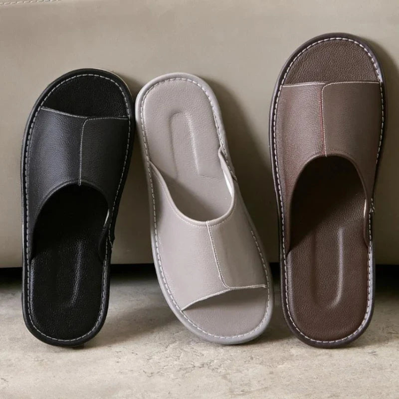 Big Size EU48 Indoor Slippers For Women Men Spring Summer House Shoes Soft Leather Anti-slip Open Toe Couples Home Floor Slides