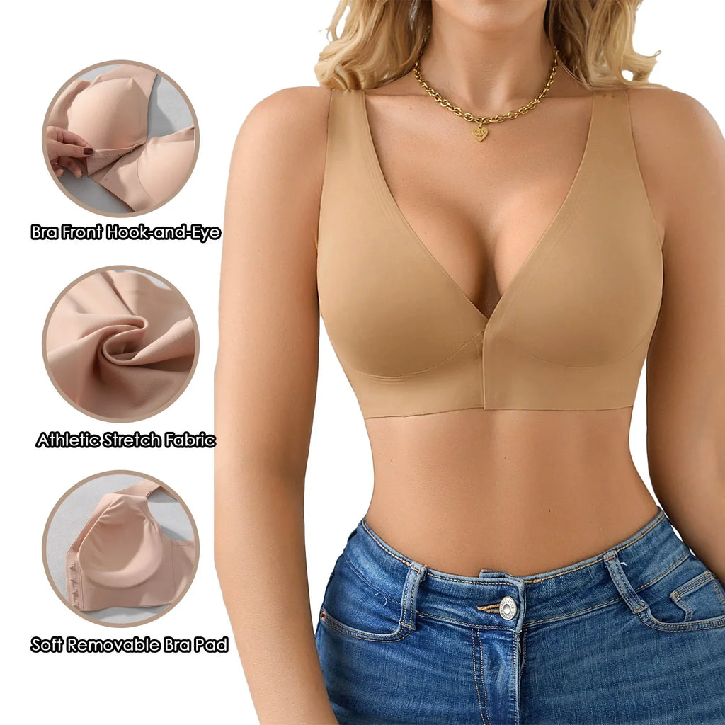 3 Pcs Women' Deep V Wire-free Bras Wide Strap Front Closure Sexy Push Up Seamless Bralettes For Cup A B C D