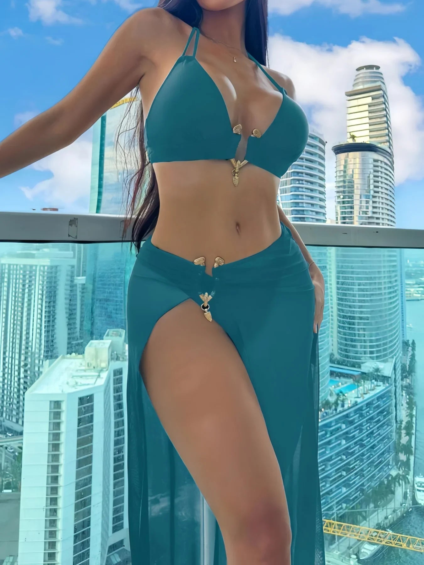 3 Pieces Halter Bikinis 2026 Solid Swimwear Female Sexy Swimsuit Women With Mesh Beach Dress Bathers Bathing Swimming Swim Suit