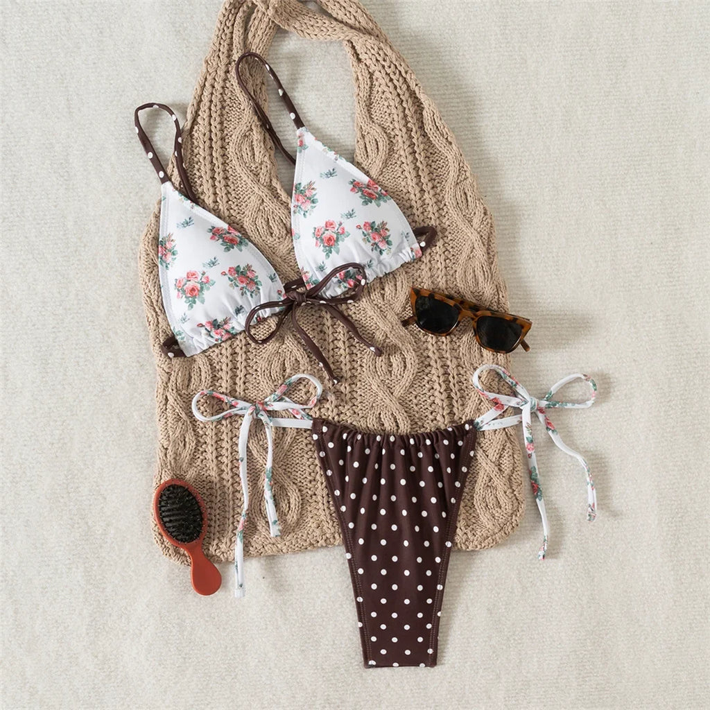 New Floral Flowers Dots High Cut Leg Bikini Women Swimwear Female Swimsuit Two-pieces Bikini set Bather Bathing Suit Swim V6964