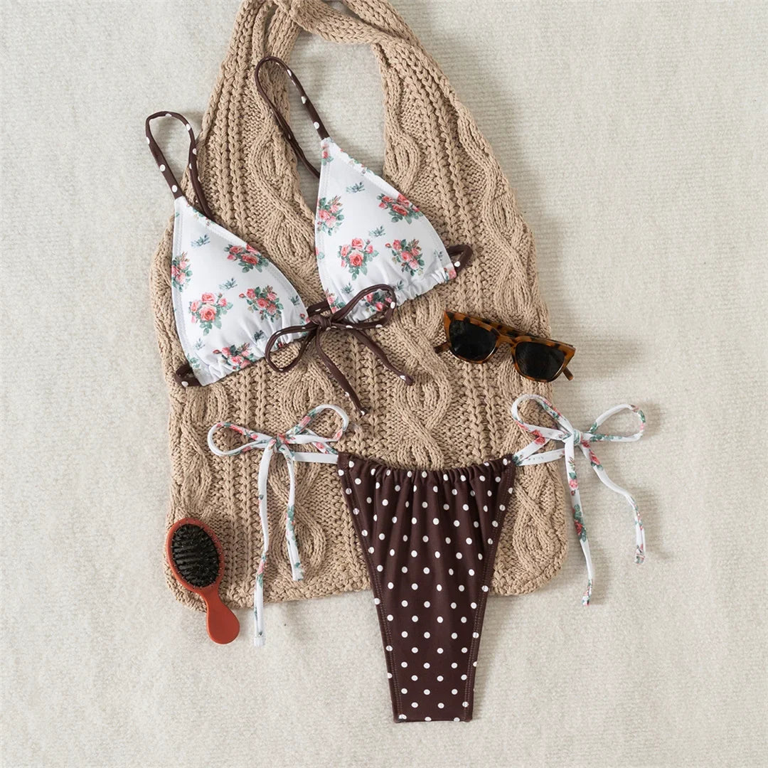 New Floral Flowers Dots High Cut Leg Bikini Women Swimwear Female Swimsuit Two-pieces Bikini set Bather Bathing Suit Swim V6964