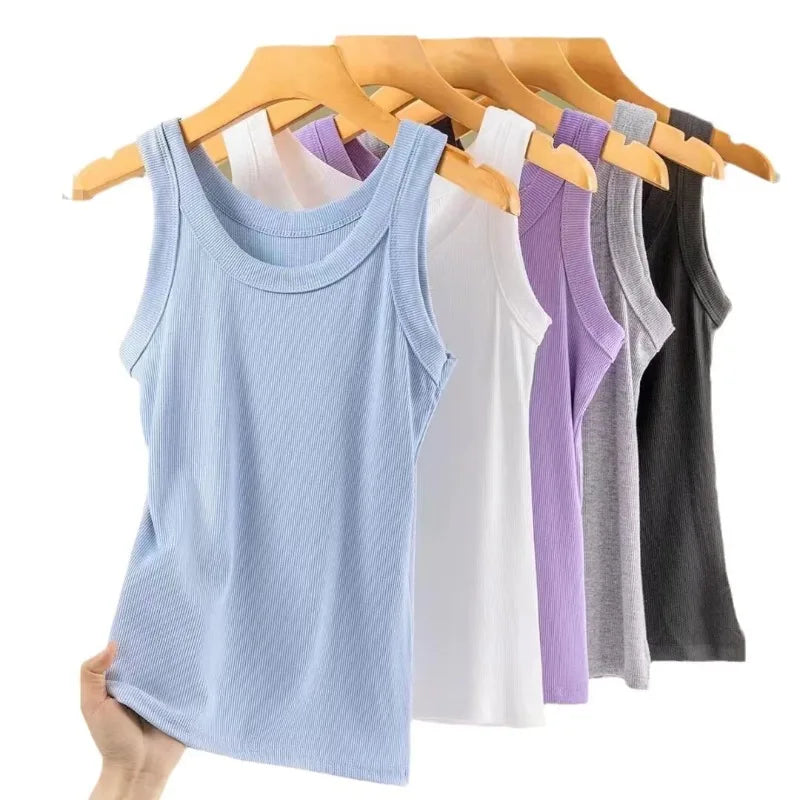 Women Solid Round Neck Ribbed Tank Top Camisole Women 2025 Summer Basic Elastic Tank Top O Neck Solid Tank Top