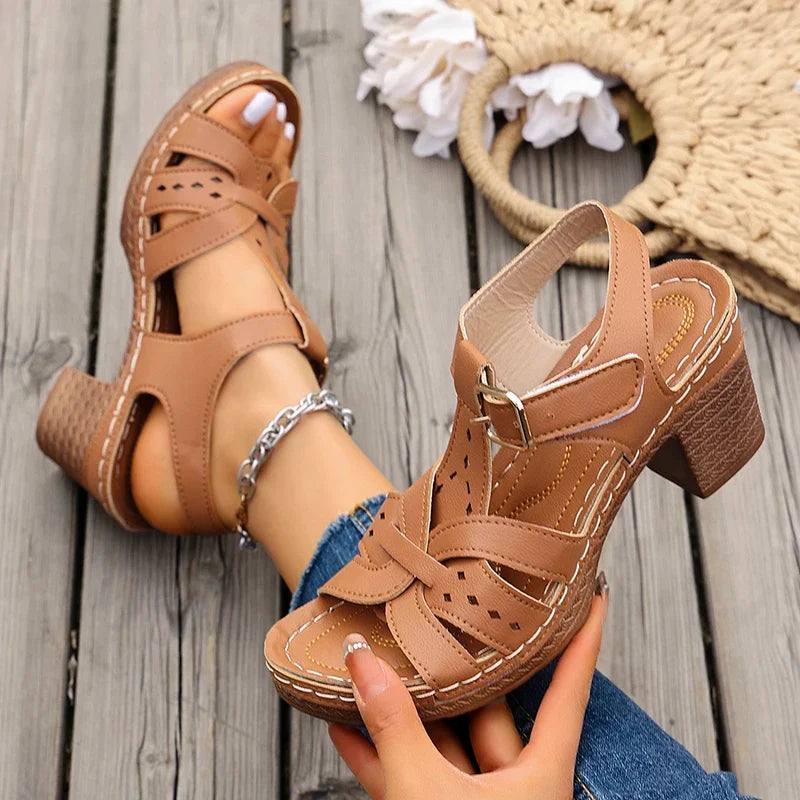 Lightweight Thick High Heels Sandals Women Plus Size 36-43 Summer Rome Shoes Woman Ankle Buckle Open Toe Beach Sandles Female