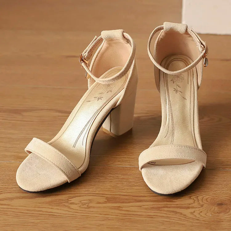 Beige Suede Ankle Strap Block Heel Sandals for Women, Round Open Toe with Rhinestone Accent, Multiple Colors Available