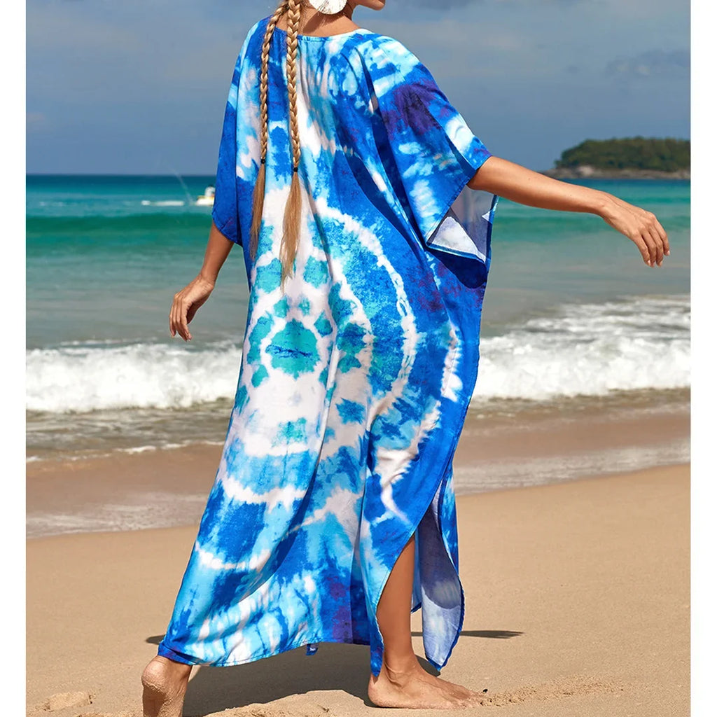 2026 New Colorful Kaftan Tunic Beach Dress Beach Wear Beachwear Beach Cover Up Cover-upsLoose Maxi Dress Female Women V4428