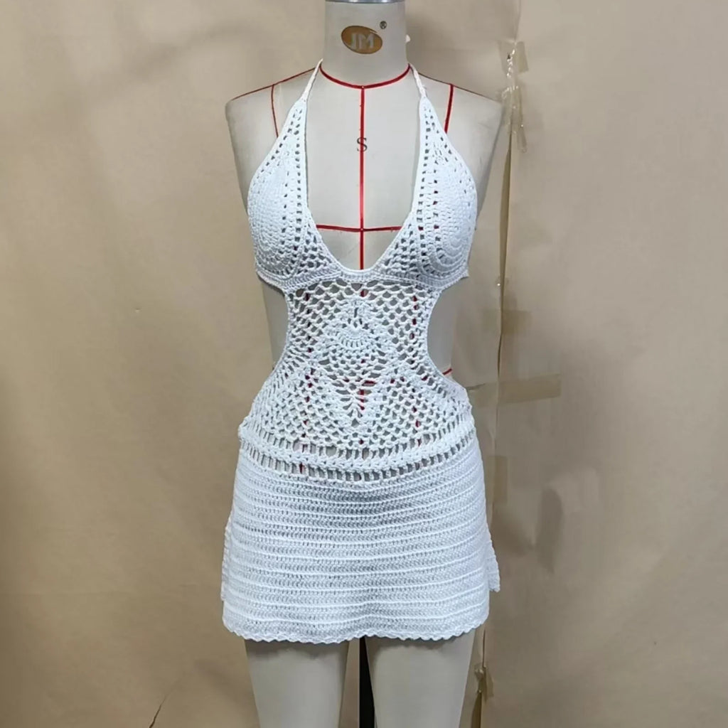 Women Swim Cover Up Cutout Sleeveless Backless V Neck Party Beach Mini Dresses Solid Color Crochet Halter Dress