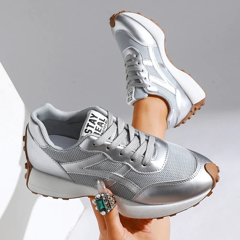 Fashion Thick Sole Silver Sneakers Women 2026 Plus Size 43 Breathable Platform Sport Shoes Woman Anti Slip Lace Up Running Shoes