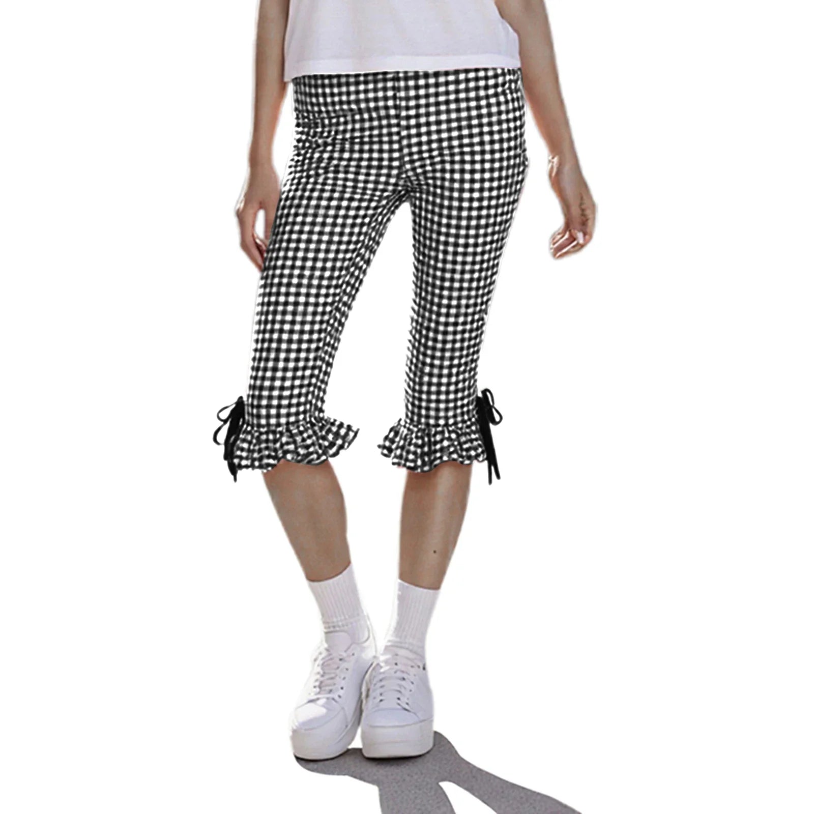 Women Flared Leggings Capri Pants Casual Fashion Plaid Print Cute Bow Crop Bell Bottoms Trendy Bootcut Trousers