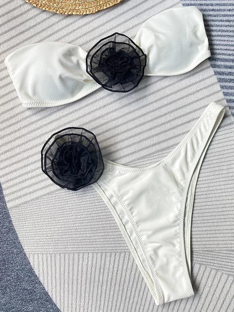 3D Flowers Striped Bikinis Strapless Bandeau Bikini 2025 Female Swimsuit Women Swimwear Two-pieces Bikini Set Bathing Suit Swim