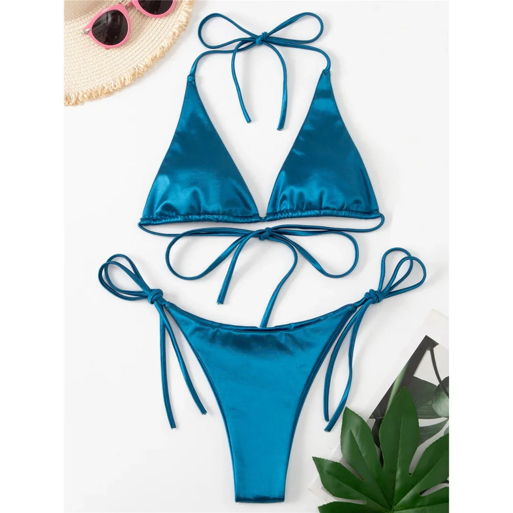 Sexy 13 Colors Halter Satin Brazilian Bikini Women Swimwear Female Swimsuit Two-pieces Bikini set Bather Bathing Suit Swim V4966