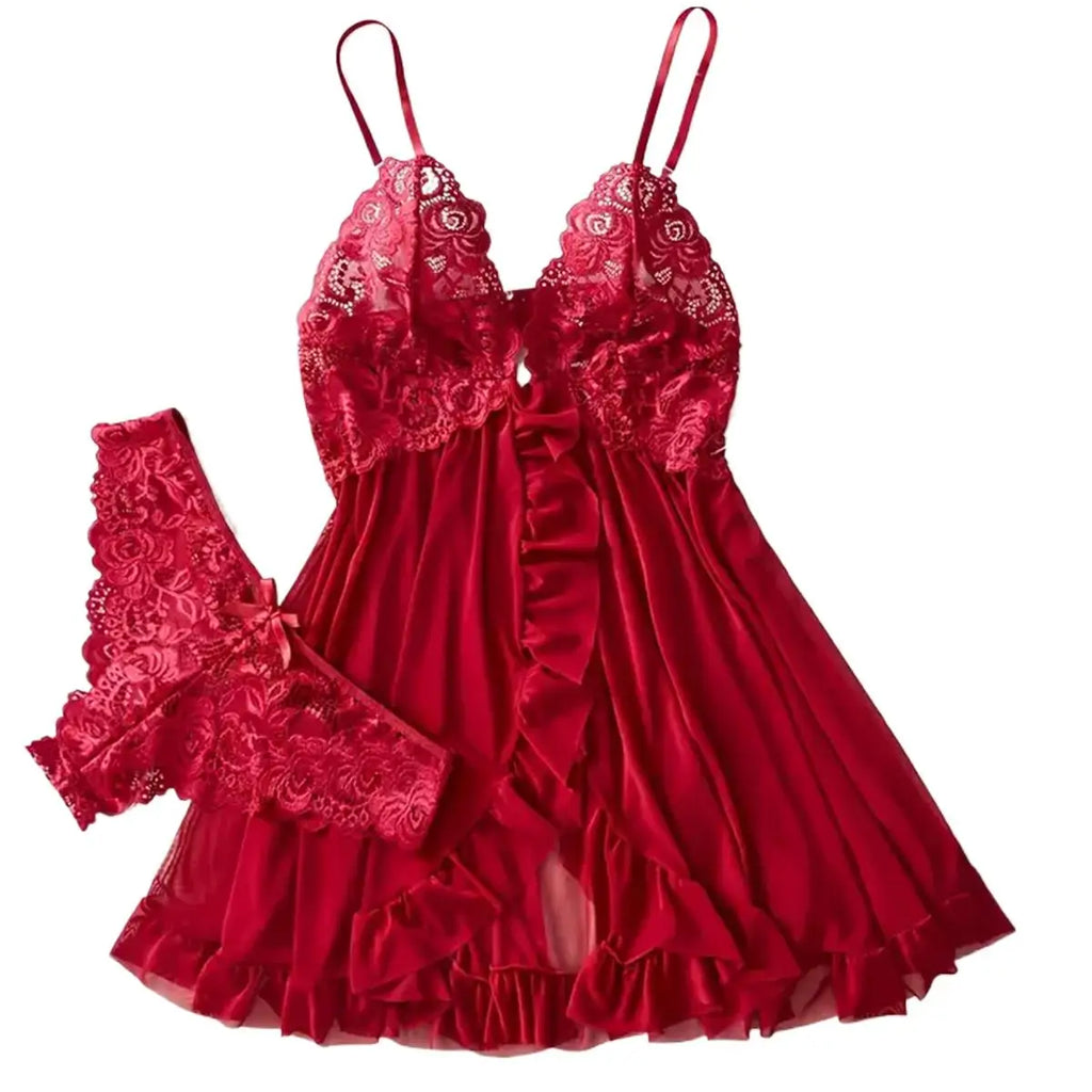 Elegant Transparent Red Lingerie Women's Underwear Sleepwear Lace Nightdress Panty Pijamas Sets Female Babydoll