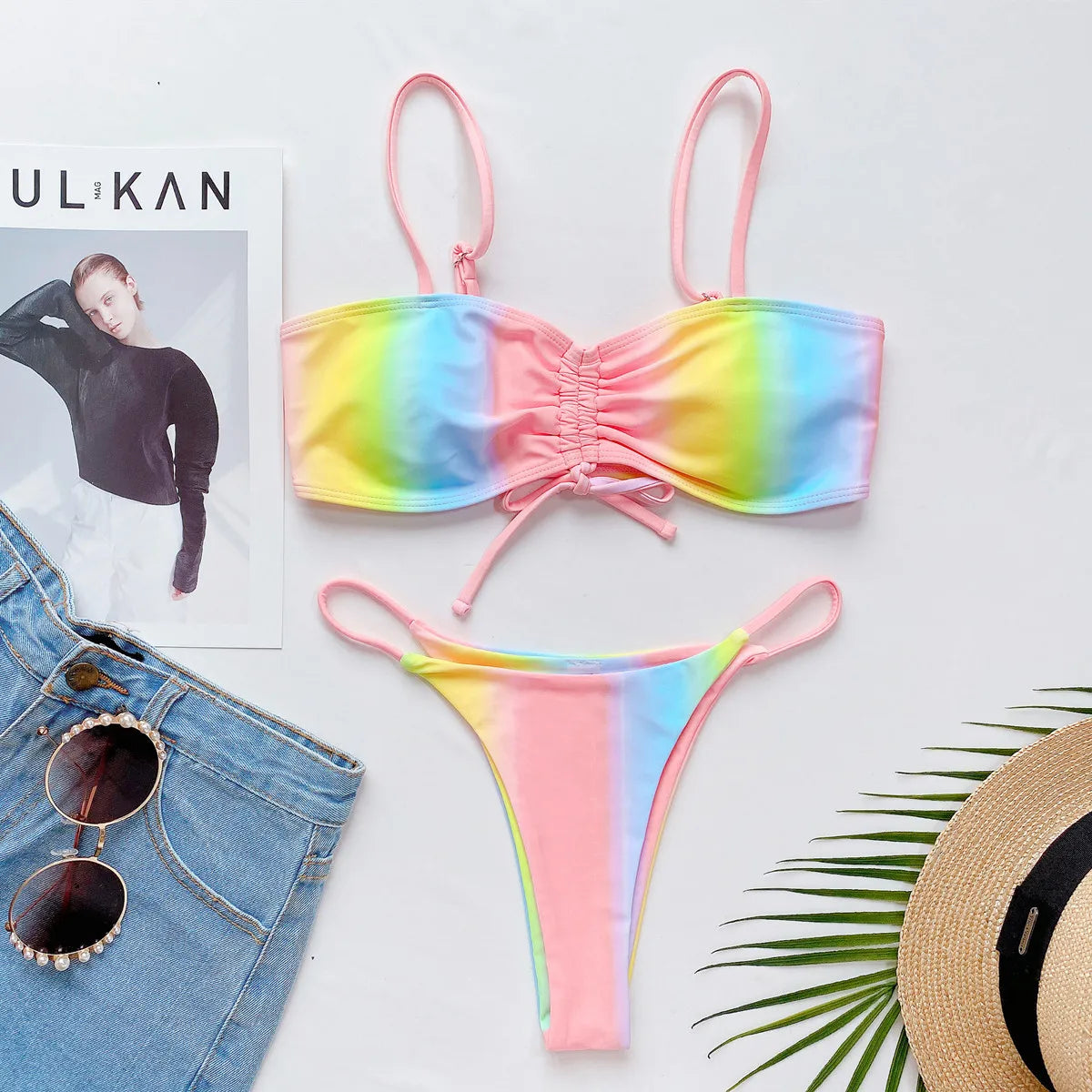 2026 New Sexy Bikini Women Drawstring Rainbow Butterfly Print Swimwear Swimsuit Female Bikinis Set Bathing Suit Banadores Mujer
