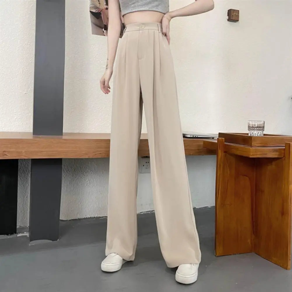 Women High Waist Straight Wide Leg Pants Solid Color Suit Pants Elastic Slant Pockets Loose Office Trousers