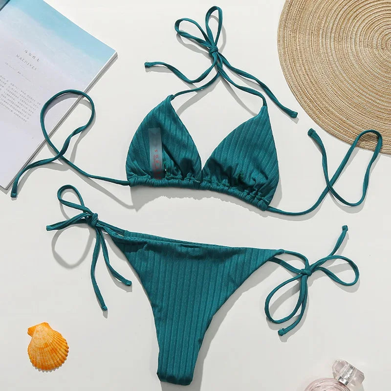 Sexy Ribbed Halter Micro Thong Bikini Female Swimsuit Women Swimwear Two-pieces Bikini Set Mini String Bather Bathing Suit Swim