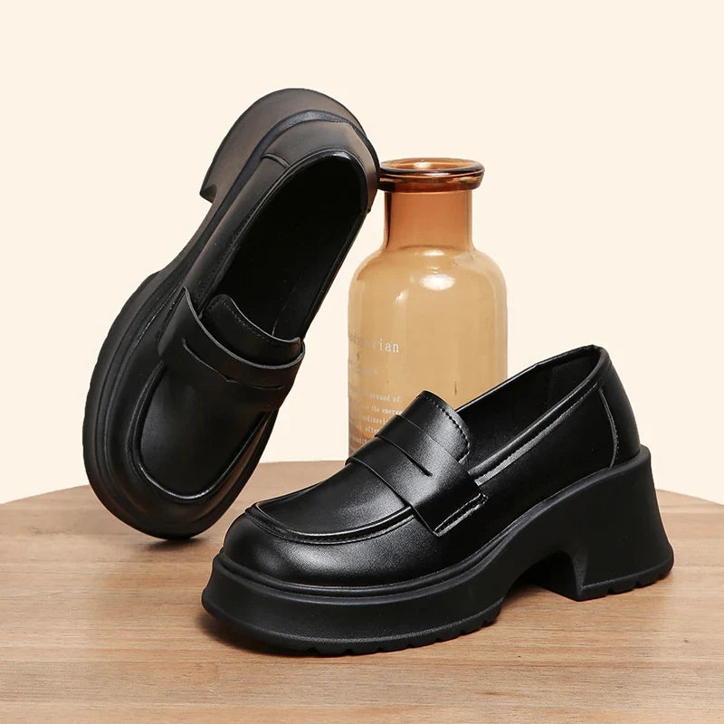Brown Pu Leather Platform Loafers for Women British Style Round Toe Thick Heel Pumps Woman Slip On High Heels Office Shoes Lady