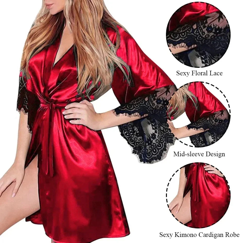 Women's Robe Lightweight Lace Trim Dressing Gown Casual Loose Nightwear Daily Home Sleepwear Red Black White Purple Champagne