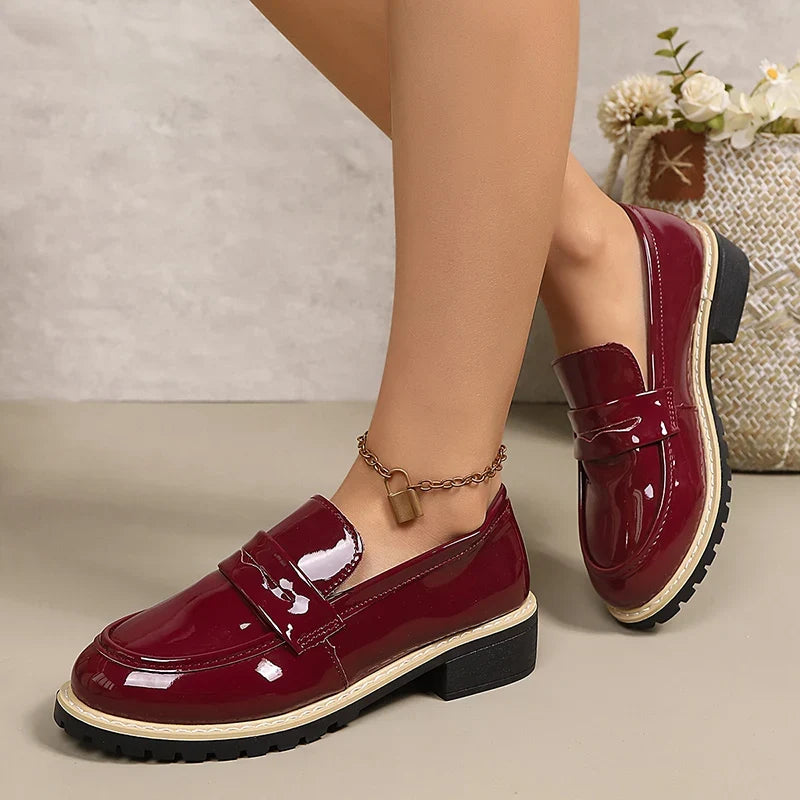 Patent Leather Thick Heels Loafers Women Spring New Mixed Color Med Heel Office Pumps Woman Plus Size 43 Slip On Single Shoes