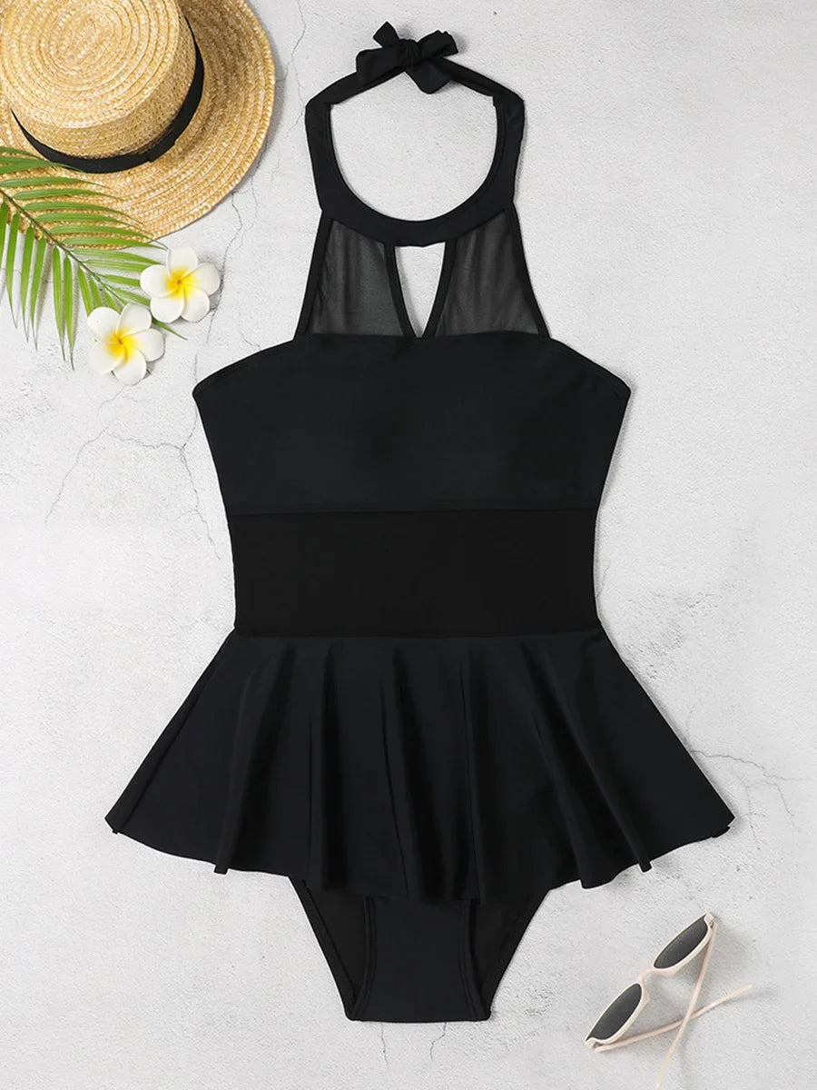 2026 Halter String Solid Swimsuit One Piece Sexy Black MeshSwimwear Women Bathing Suit Female Swimming Summer Beachwear Bodysuit
