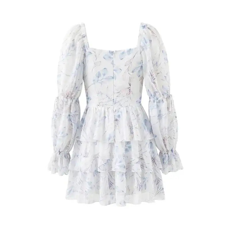 Sweet Long-sleeve Dress For Women Pleated Printed Short Women White Floral Print Mini Dress Long Puff Sleeve For Beach 96U3