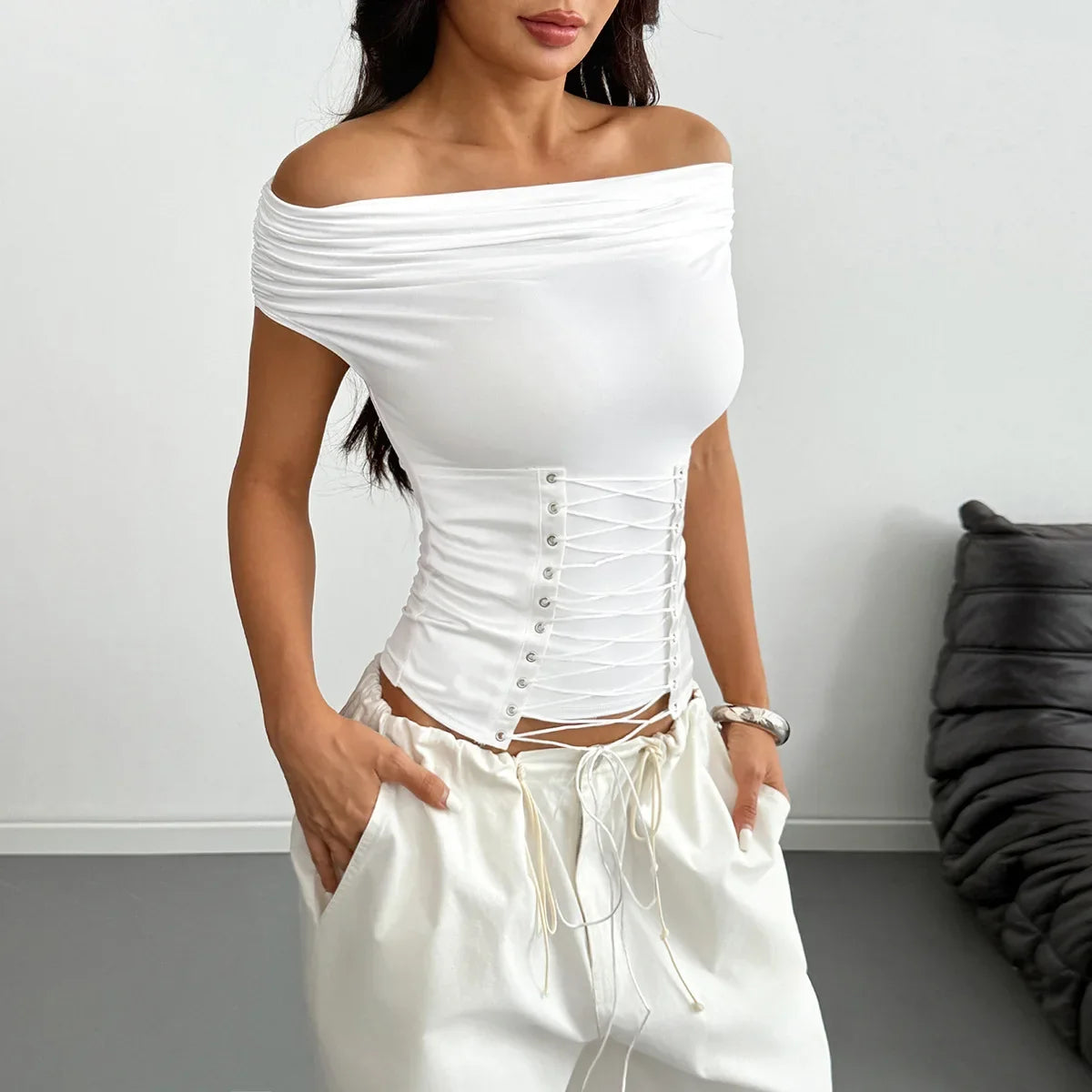Summer Slash Neck T Shirts Women Sexy Short Sleeve Pleate Slim Fishbone Waist Cinching Tops Bandage Cross Club Party T-Shirt