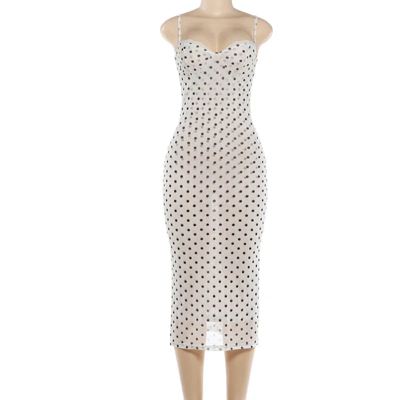 FDYOUI Woman Clothing Elegant Spaghetti Strap Polka Dot Midi Dress Ladies Sexy Lace Patchwork Sleeveless Slim Party Club Dresses