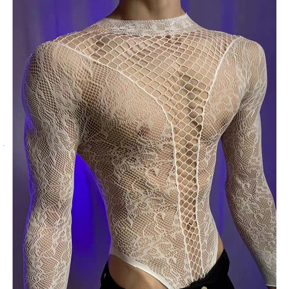New American Style Fashion Men Vests Tops Crew Neck Sexy Hollow  Mesh Bodysuit Casual  Long Sleeve Tank Clubwear Party Costume