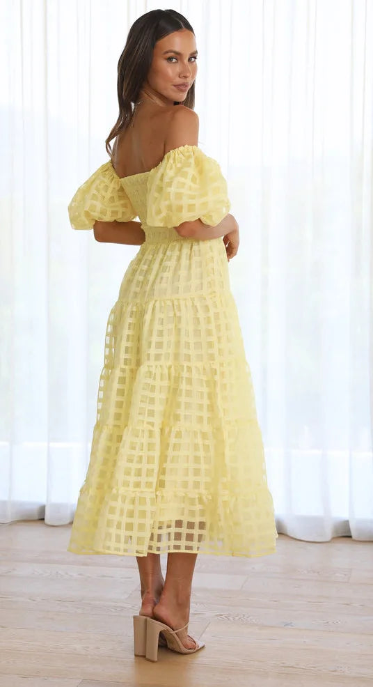 Foridol Off Shoulder Summer Spring Midi Dresses Women Casual Puff Sleeve A-line Beach Vestidos Yellow Beach Party New in Dress