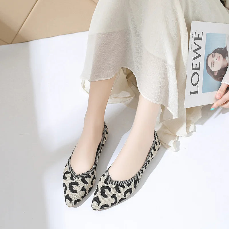 Elegant Leopard Knitted Ballet Flats Woman Pointed Toe Mesh Moccasins Ladies Fashion Walking Loafers Slip-on Soft Driving Shoes