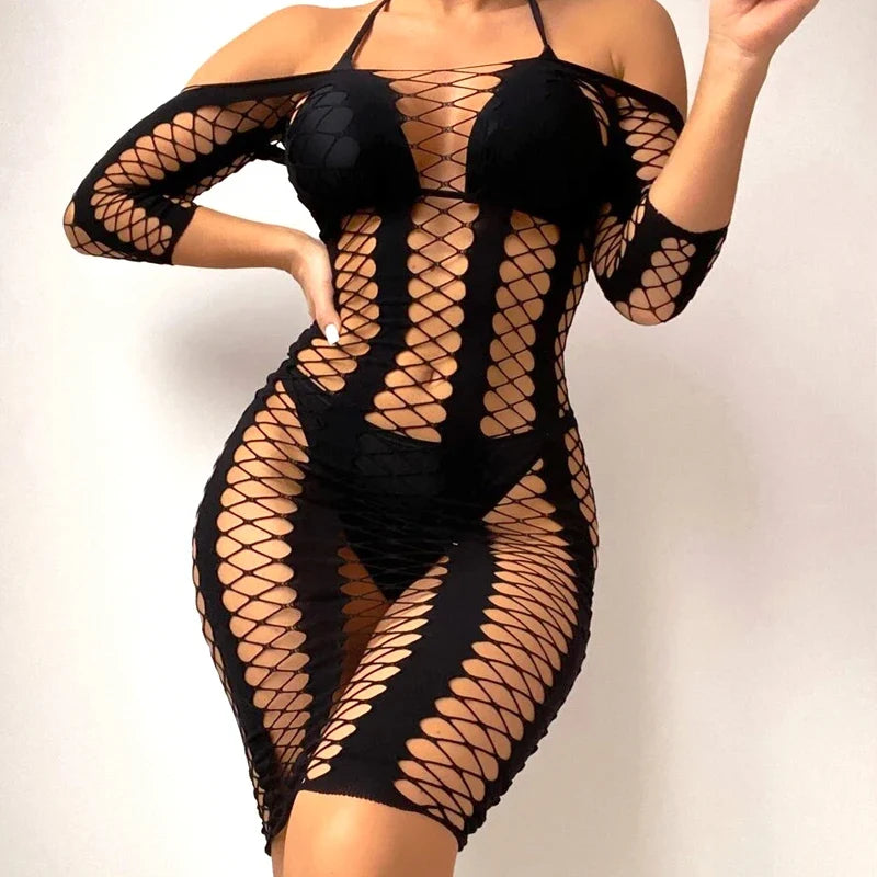 Women Sexy Fishnet Long Sleeve Cover Up, Sheer Bodycon Sleepwear See Through Beachwear Without Bikini