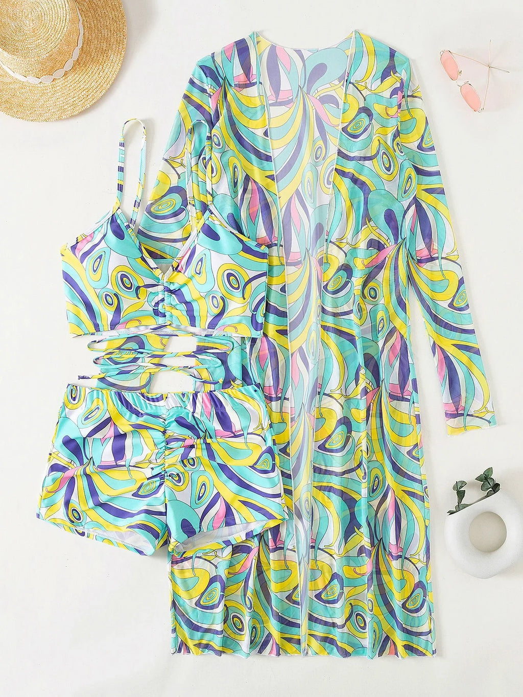 3 Pieces Sexy Print Bikini 2026 Women High Waist Swimsuit & Kimono Swimwear Female Lady Bathing Suit Swimming Summer Beachwear