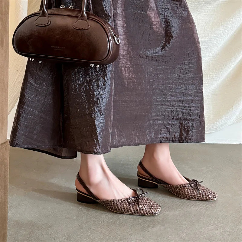 Woven Bow Back Strap Design Sandals Women's Summer New Square Head Shallow Mouth Single Shoe Comfortable Elegant Cool Pumps